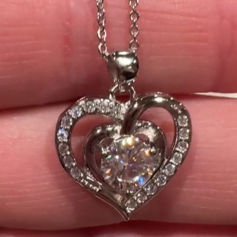 Crystal Heart Pendant Necklace - Solid Silver 925 stamped mossinate heart